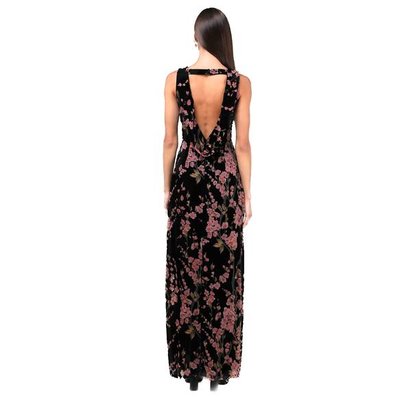 Lulus Black Burnout Velvet Floral  Cowl-Back Enhanced Maxi Dress Size L - Picture 6 of 8